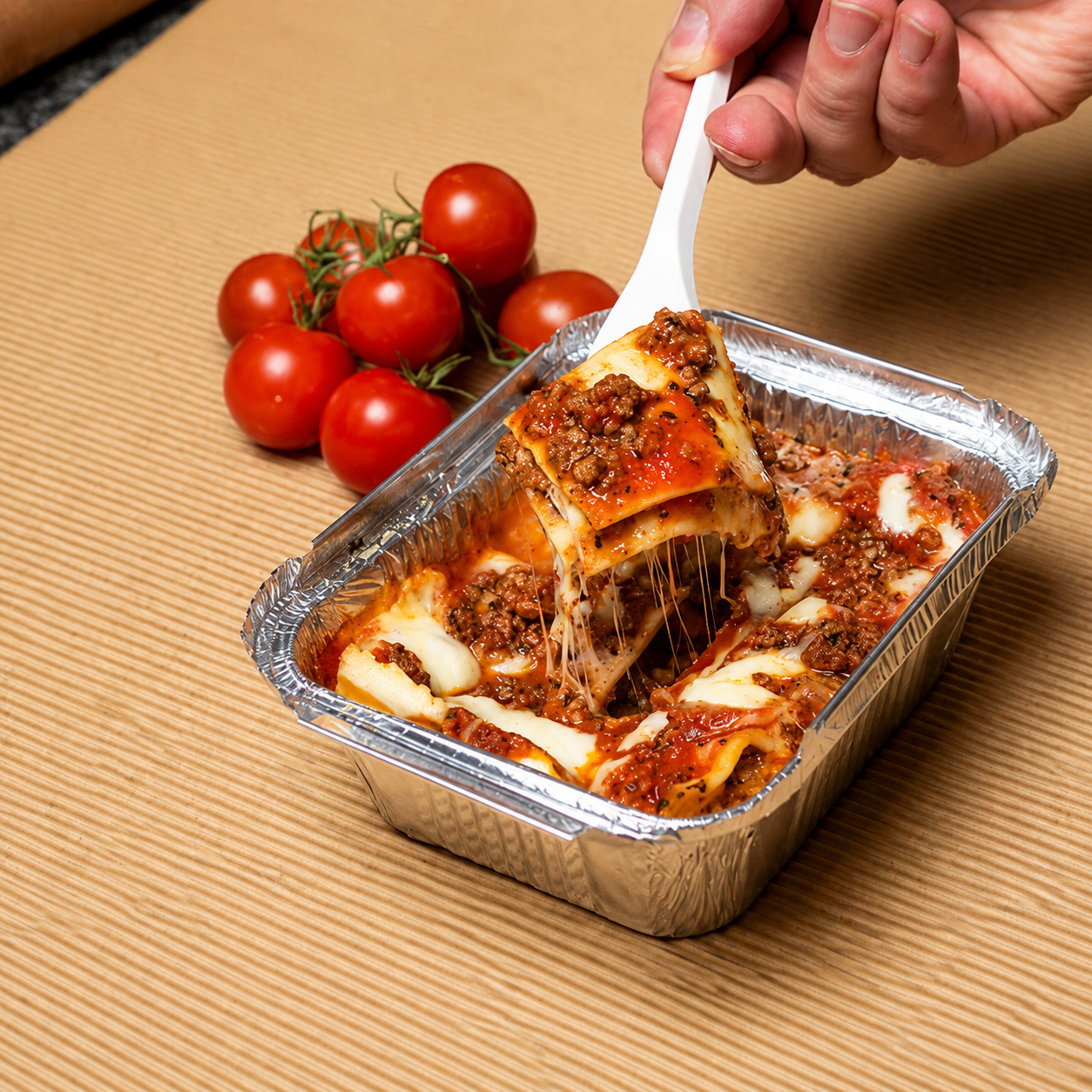 Lasagna italiana saludable Myzabori 00 Lasaña tradicional de res con salsa boloñesa y queso gratinado de MyZabori. Lasaña italiana con carne de res acompañada de pan con ajo. Lasaña horneada con queso gratinado y pan de ajo. Comida italiana lista para disfrutar de MyZabori. Lasaña casera con salsa boloñesa y queso fundido.